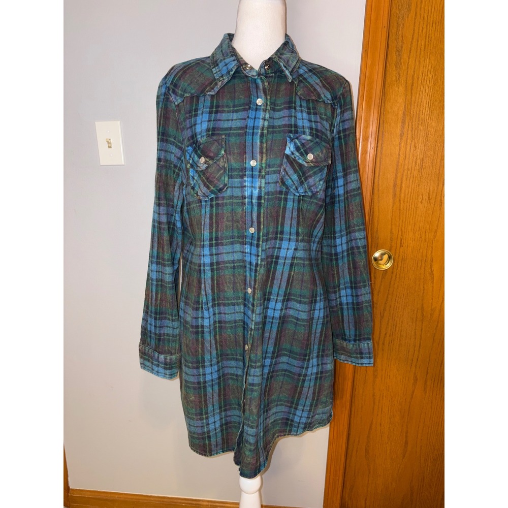 The Nu Vintage Blue Green Plaid‎ Flannel Western Shirt Dress Cotton Large USA